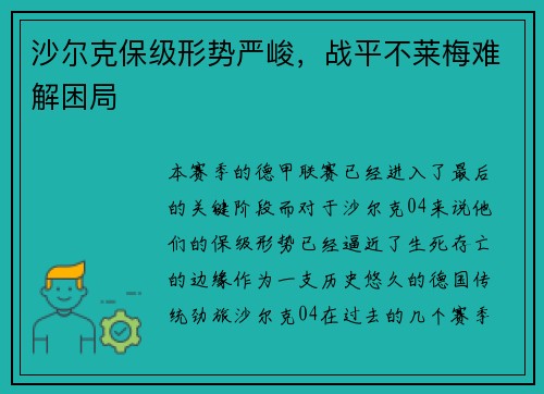 沙尔克保级形势严峻，战平不莱梅难解困局