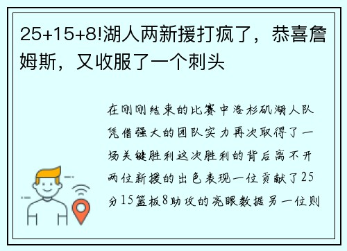 25+15+8!湖人两新援打疯了，恭喜詹姆斯，又收服了一个刺头