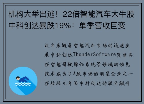 机构大举出逃！22倍智能汽车大牛股中科创达暴跌19%：单季营收巨变