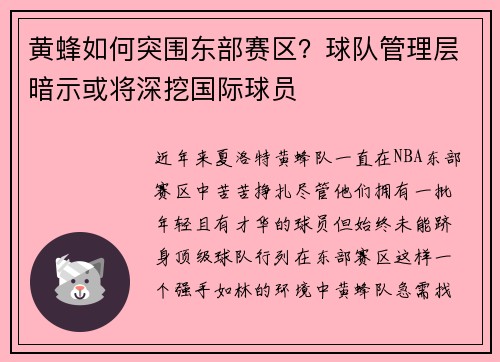 黄蜂如何突围东部赛区？球队管理层暗示或将深挖国际球员