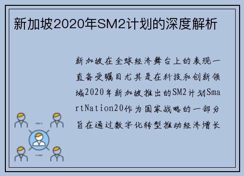 新加坡2020年SM2计划的深度解析