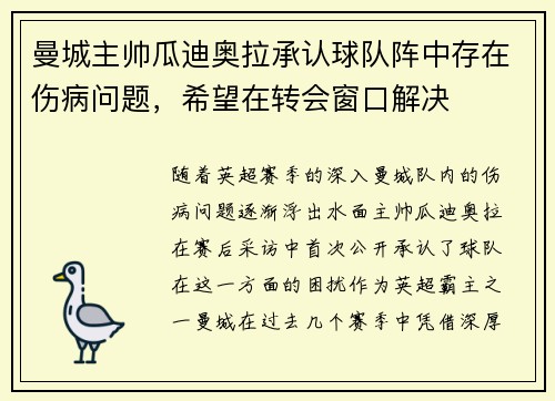 曼城主帅瓜迪奥拉承认球队阵中存在伤病问题，希望在转会窗口解决